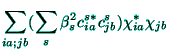 $\displaystyle \sum_{ia;jb}(\sum_{s}\beta _{s}^{2}c_{ia}^{s*}c_{jb}^{s})\chi
_{ia}^{*}\chi _{jb}$