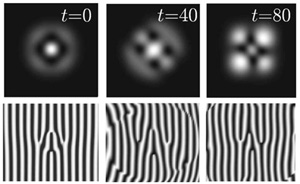 Pulsating evolution of the stationary linear vortex-quadrupole under the effect of repulsive interactions